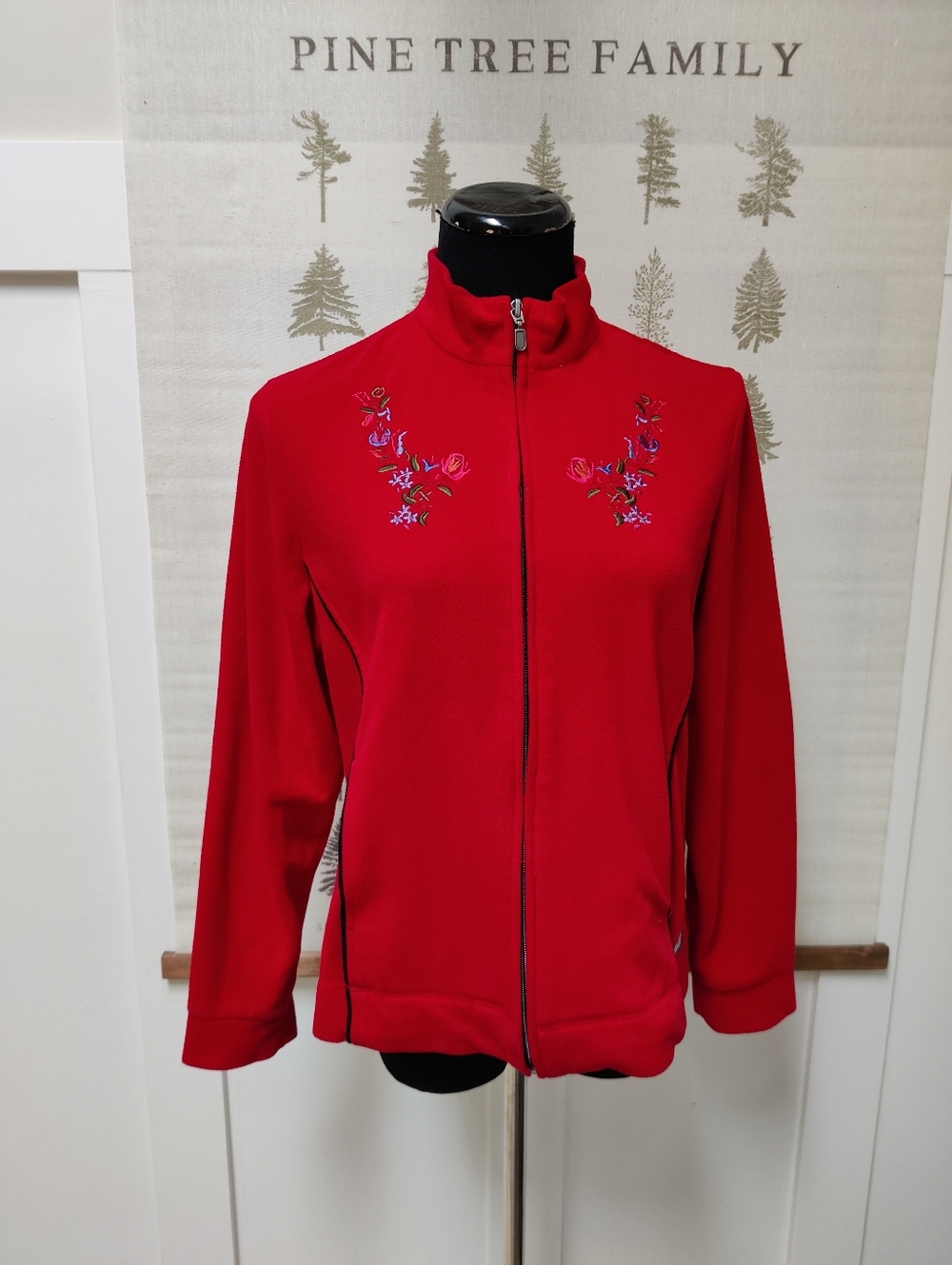 Alia Sport Red Embroidered Floral Full Zip Fleece Jacket Size Small